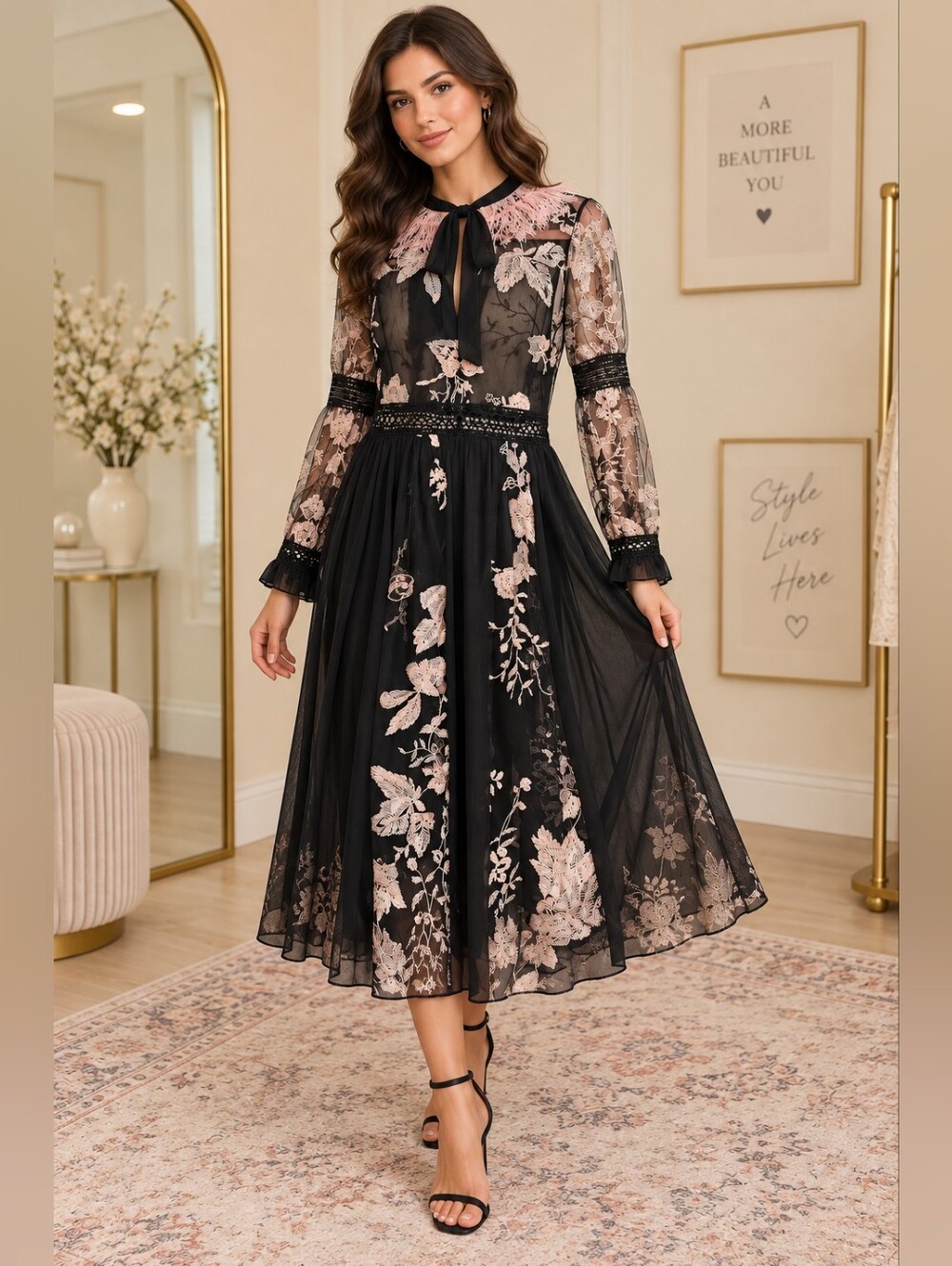 The Young London Black Pink Floral Embroidered Mesh Feather Midi Dress XL